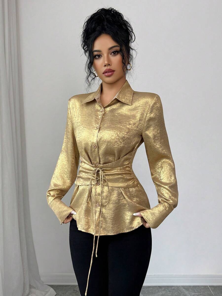 Selianne 女款優雅奢華金色金屬感長袖襯衫,秋季夜生活正式婚禮派對舞會雞尾酒會,領口鈕扣腰部繫帶修身剪裁 - 金色 - 查看 1