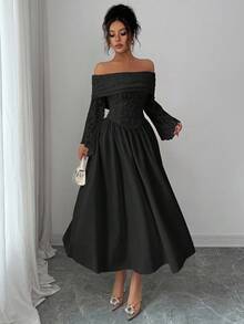 Modelyn Women's Autumn Knitted Lace Patchwork Solid Color Off-Shoulder Long Sleeve A-Line Dress - Black - View 3