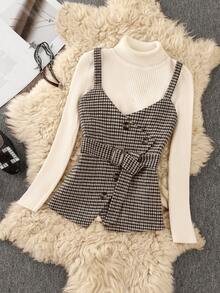 Franclia Camiseta de mujer con nuevo diseño de cuadros y decoración de botones