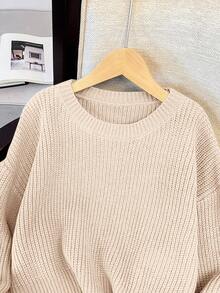 SHEIN 青少年女孩宽松休闲简约纹理圆领长袖毛衣秋冬女孩服装 - 杏色 - 查看 6