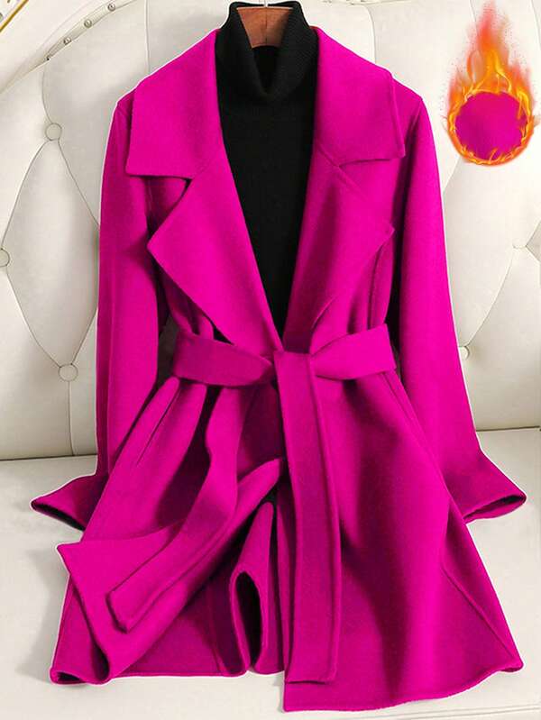 EMERY ROSE Women Solid Color Waist Belt Elegant Long Sleeve Overcoat, Autumn/Winter Black Coat Women