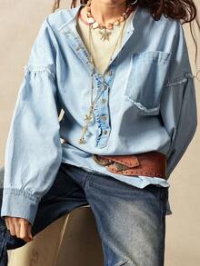 Bohemela 休闲梭织牛仔条纹拼接宽松女式衬衫 - 藍色 - 查看 1