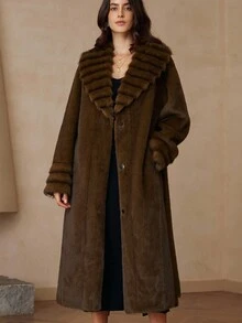 Aveloria Rosie Fashionable Versatile Waist Belt Slim Fit Lapel Long Minimalist Knee-Length Elegant Faux Fur Coat - Brown - View 3