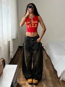 StreetHx 女式复古街头时尚解构磨边阔腿牛仔裤