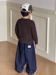 SHEIN Little Byeori Young Boys Casual Crew Neck Long Sleeve Sweater - Brown - View 2