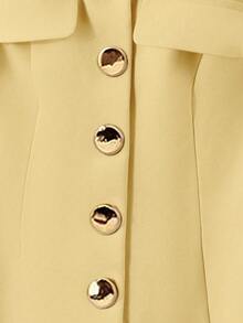 Franclia 女士优雅浪漫通勤披肩领仿口袋装饰门襟金属纽扣 A 字中长裙长袖两件套，秋冬 - 淡黃色 - 查看 3