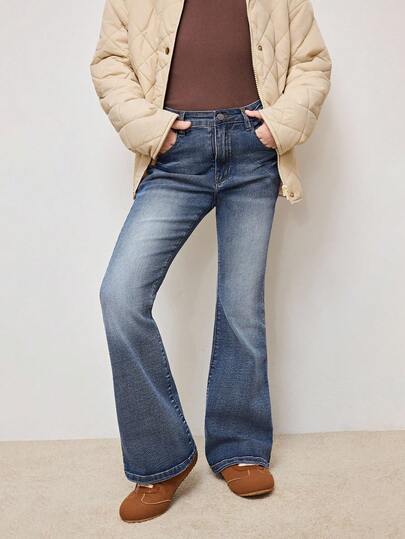 Tween Girl Tall Curve Jeans Retro Jeggings Autumn&Winter NEW Jeans Fashion Personalized All-Seaso Fashionable Distressed Flare Jeans, Versatile Blue Denim Pants, Casual Bottoms Fall Flared Jeans Tween Flared Jeans For Teens Cute Tween