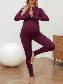 GentleRue Maternity 2pcs Maternity Activewear Set (Solid Color Long Sleeve Top And Leggings) - Purple - View 6