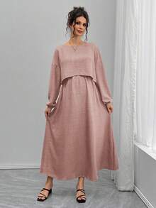 SHEIN 2pcs Maternity Set: Loose Boat Neck Long Sleeve Top And A-Line Waist Drawstring Skirt - Apricot - View 3