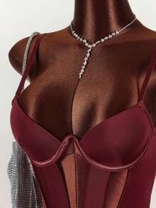 Amplova Bộ đồ liền thân khoét lỗ gợi cảm màu trơn dành cho nữ - Màu Đỏ Sâu - Xem 4