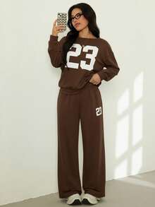 SHEIN PETITE Bộ 2 món/Bộ đồ nữ áo dài tay in số thường ngày và quần dài - màu nâu - Xem 4