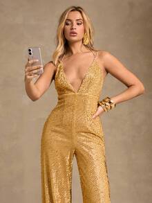 Glamine 女式深V领细肩带亮片性感阔腿连体裤