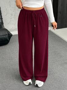 SHEIN EZwear Plus Size Burgundy Velvet Soft & Warm Casual Drawstring Loose Pants - Burgundy - View 1