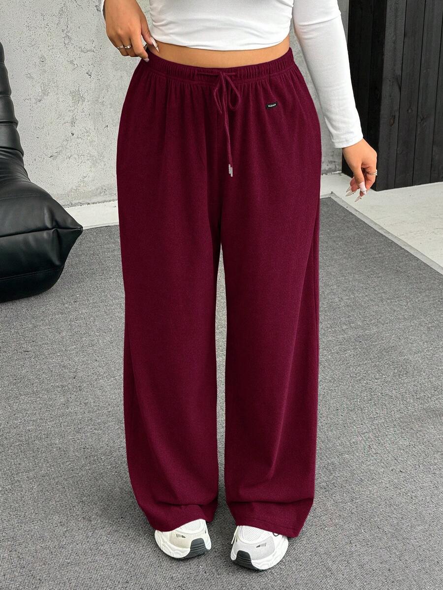 SHEIN EZwear Plus Size Burgundy Velvet Soft & Warm Casual Drawstring Loose Pants - Burgundy - View 1