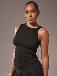Hauture Sexy Mob Wife Party Plus Size Solid Sleeveless Asymmetric Twist Blouse - Black - View 4