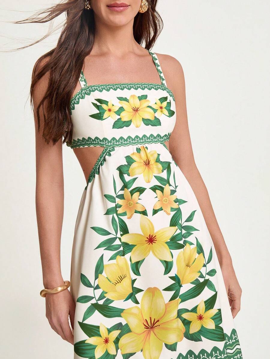 CAJUNI Women's Floral Print Backless Sexy Spaghetti Strap Vacation Dress