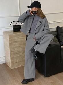 Livesso Completo casual elegante da donna per l'ufficio e il tempo libero, composto da giacca corta con stampa a quadri su tutto il capo e collo a risvolto, e pantaloni a gamba dritta, adatto per l'autunno/inverno - Cachi - Visualizzare 6