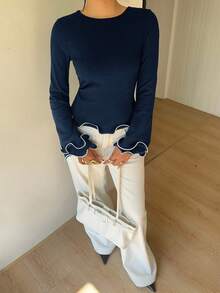 Siren Gaze 女士优雅通勤荷叶边长袖T恤 - 藏蓝色 - 查看 6