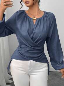 Elenzga Kemeja Wanita Model Lilitan Berhiaskan Manik-Manik dengan Pinggang yang Dikencangkan, Musim Gugur/Dingin - Navy Blue - View 7
