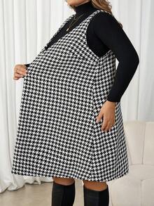 SHEIN CURVE+ Váy yếm kẻ caro đen trắng cỡ lớn dành cho nữ, phong cách đường phố cổ điển thường ngày, thu/đông - Đen và trắng - Xem 4