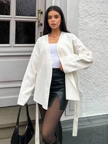 SHEIN EZwear 大码纯色系带休闲时尚白色大衣白色裹身开衫系带开衫白色和服开衫秋冬 - 白色 - 查看 5