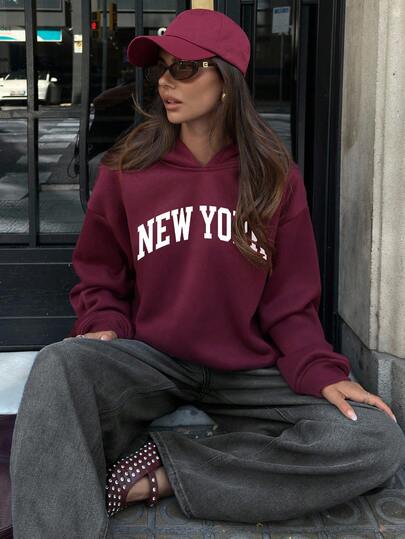 Aloruh Women's Autumn/Winter New York City English Anchor Burgundy Casual Sweatshirt, Suitable For Autumn/Winter, Versatile Outdoor Sweatshirt, New York Outfits Women, Christmas