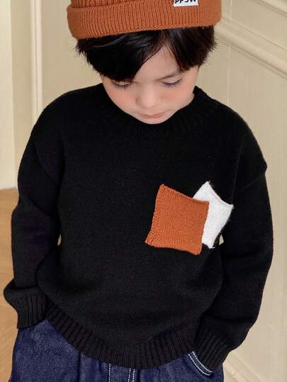 SHEIN Young Boys' Casual Decorative Pocket Crew Neck Pullover Sweater