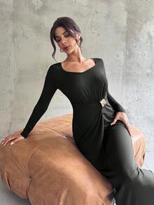 Firerie 女士优雅精致日常新款通勤简约时尚褶饰高腰金属装饰紧身长袖深棕色长裙 - 黑色 - 查看 6