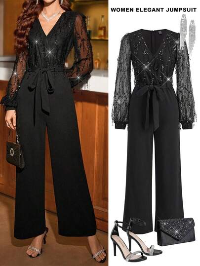 Ellevyn Women's V-Neck Knitted Jumpsuit With Waistband, Lantern Sleeves, Sequin Embroidery, Slim Fit Straight Leg Pants, Elegant For Daily Wear, Party, Autumn/Winter Fall Clothes For Women