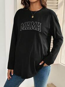 SHEIN Black Cotton Nursing Sweatshirt For New Moms With Round Neck Long Sleeves And Mama Letter Pattern Casual And Breathable Nursing Top Mama Shirt Pregnancy Shirts Breastfeeding Shirt Maternity Shirt - Black - View 3