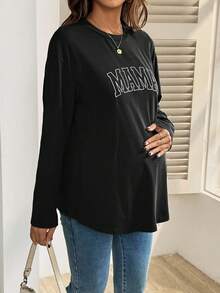 SHEIN Black Cotton Nursing Sweatshirt For New Moms With Round Neck Long Sleeves And Mama Letter Pattern Casual And Breathable Nursing Top Mama Shirt Pregnancy Shirts Breastfeeding Shirt Maternity Shirt - Black - View 5