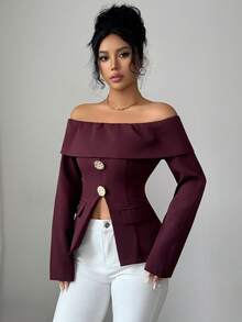 Selianne Elegancka bluzka damska z odkrytymi ramionami i rozcięciem do pracy - Brązowy - Zobacz 6