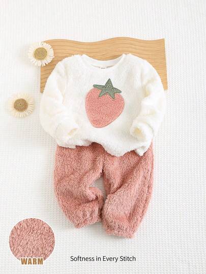 Cozy Pixies Conjunto de 2 piezas de top de manga larga con cuello redondo y pantalones con puño elástico con estampado de corazón en contraste de color para bebé niña