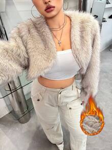 SHEIN X Phaith Montoya SHEIN EZwear Plus Size Women's Solid Long Sleeve Open Front Faux Fur Coat Faux Fur Shrug/Winter Fur Jacket