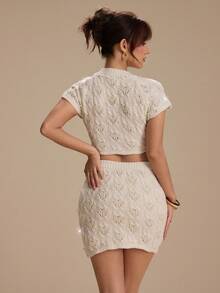 SHEIN Unity 2pcs/Set Women's Apricot Knit Short Sleeve Top And Mini Skirt Set, Beach Summer Outfits - Apricot - View 2
