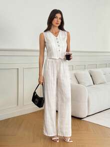 SHEIN Tall Women's 2 Pieces Linen Striped Vest And Pants Set,Blue And White Stripe,Summer,Casual,Vacation,Holiday Commuter Business Outfits Daily Wear Pant Suit, Tall Women - Apricot - View 5