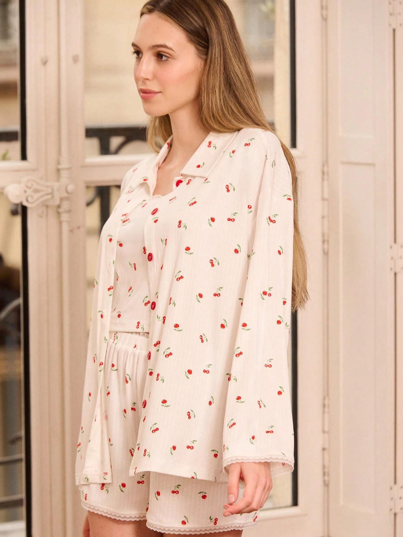 3 Pieces Cherry Print Jersey Pyjama Set With Shirt, Shorts And Cami Top 3 Piece Pyjama Set Cherry Pyjamas White Pyjamas Summer Women Clothes Spring Summer
