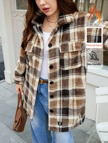 SHEIN LUNE 格子休闲宽松前扣长袖大码女式夹克 - 彩色 - 查看 4