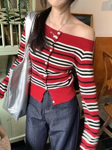 DAZY Women's Striped Contrast Color Casual Long Sleeve Off Shoulder Sweater Fall,Winter - Burgundy - View 2
