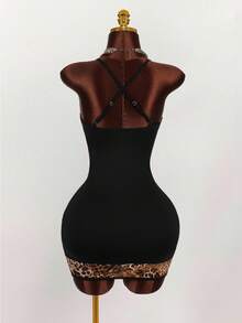 Amplova 别致豹纹网眼拼布细肩带甜心胸围交叉后背性感迷你紧身连衣裙 - 黑色 - 查看 9