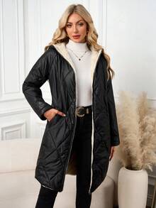 SHEIN Clasi Áo khoác giữ nhiệt lót lông màu trơn dành cho nữ, mùa thu/đông - màu đen - Xem 3