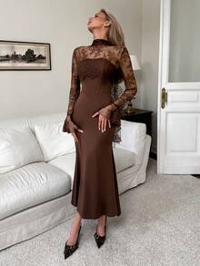 Elenzga Women Brown Floral Lace Patchwork Halter Fishtail Dress,Long Sleeve Ruffle Hem,Fish Bone Line,Trailing Long Dress  Dinner,Fall Winter,Elegant Party - Brown - View 3