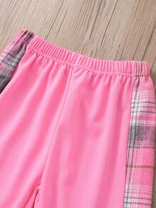 SHEIN Tween Girl Plaid Patchwork Hoodie And Pants Set - Pink - View 6