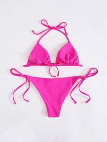 Swim Basics Summer Beach Solid Bikini Set Triangle Bra & Thong Bottom 2 Piece Bathing Suit - Hot Pink - View 2