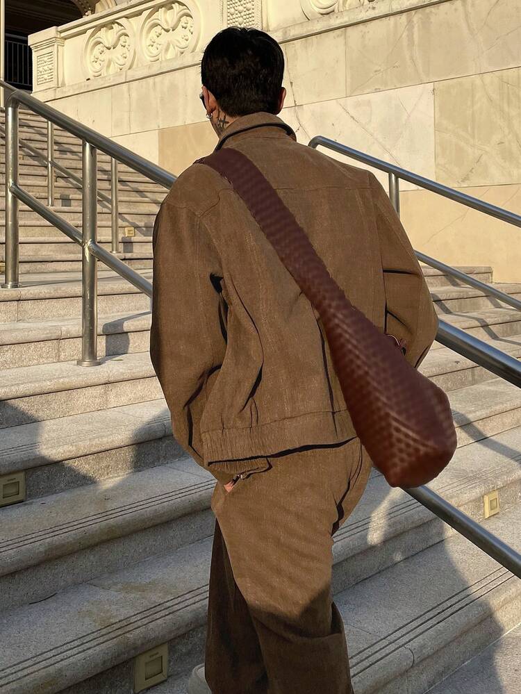 Men's Solid Color Brown Short Jacket Set, Autumn