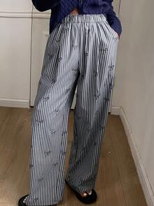 DAZY 条纹蝴蝶结图案宽松女士睡裤，冬季 - 灰色 - 查看 3