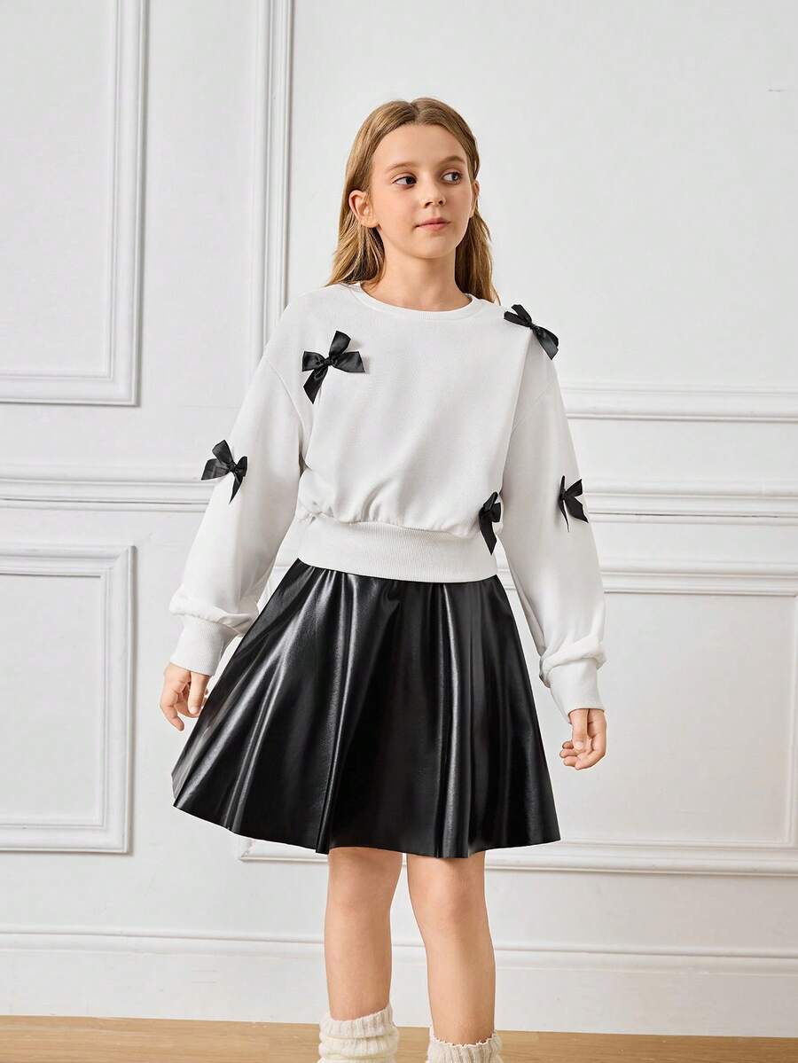 2pcs Tween GirlsElegant Sweatshirt Top Paired With Coated Mini Skirt, Autumn - Black and White - View 1