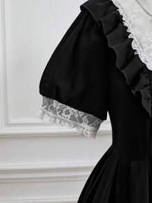 ROMWE EDITION Đầm xòe xếp ly cổ Peter Pan họa tiết ren chắp vá dễ thương cỡ lớn cho nữ - màu đen - Xem 4