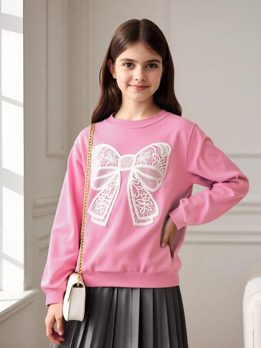 青少年女孩圆领长袖蝴蝶结简约运动衫休闲日常穿着