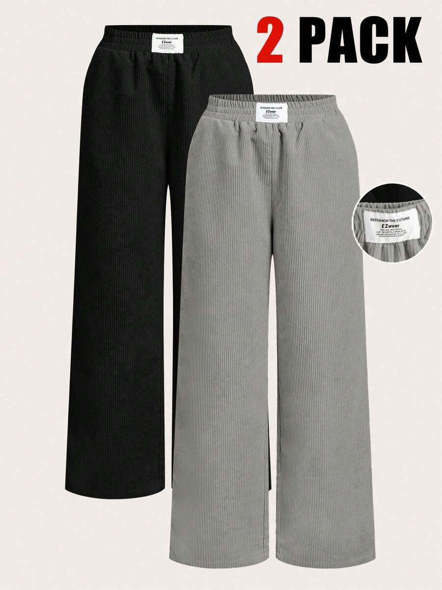 SHEIN EZwear Bộ 2 quần ống rộng nhung kẻ thời trang thu đông mới cho nữ - Nhiều màu - Xem 1